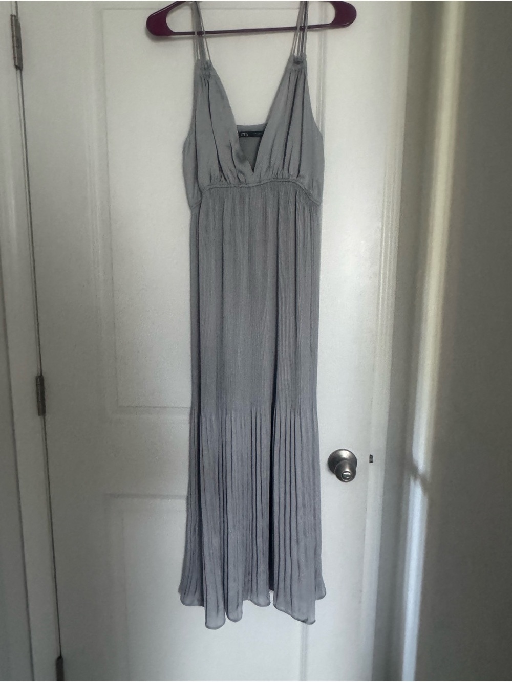 Zara Light Gray Pleated Maxi Dress with Spaghetti Straps